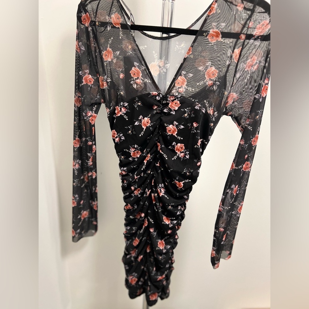 Zara Ruched Floral Long Sleeve Dress, Size M